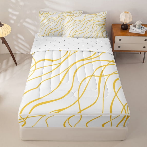 Homewish Minimalist Lines Zipper Twin Comforter Sets with Fitted Sheet and 2 Pillowcases,Geometric Artwork Zipper Bedding Set,White Golden,Reversible,4pcs