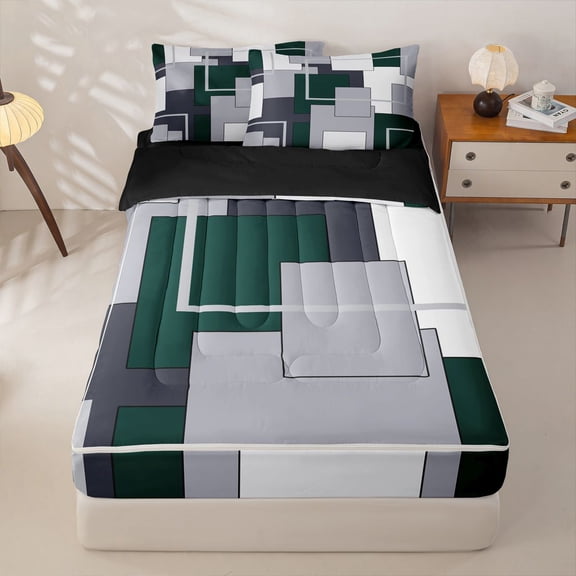 Homewish Minimalist Modern Block Zipper Twin Comforter Sets with Fitted Sheet and 2 Pillowcases,Classic Abstract Geometric Zipper Bedding Set,Green,Black Reversible,4pcs