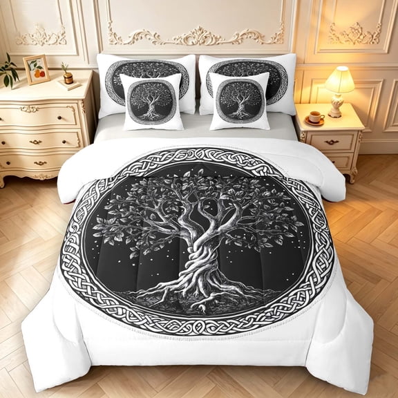 Homewish Minimalist Nature Tree 7-Piece Twin Bedding,Classic Botanical Art Bedding Comforter Set,White Black,Light Gray Reversible