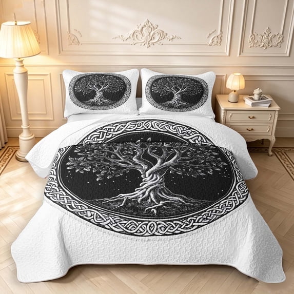 Homewish Minimalist Nature Tree Twin Quilt Set,Classic Botanical Art Twin Coverlet Set,White Black,Light Gray Reversible,2pcs