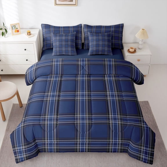 Homewish Minimalist Plaid Stripes 7-Piece Bedding Comforter Set For Female Men Adults,Black Blue King Bedding Sets,Abstract Geometric Ultra Soft Bed Sheets,Luxury Bedroom Decor,Reversible