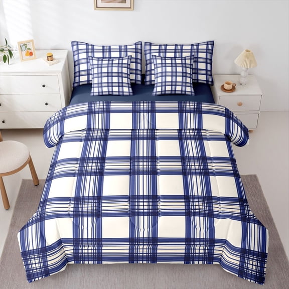 Homewish Minimalist Plaid Stripes 7-Piece Bedding Comforter Set For Female Men Adults,Blue White King Bedding Sets,Abstract Geometric Ultra Soft Bed Sheets,Luxury Bedroom Decor,Reversible