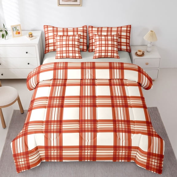 Homewish Minimalist Plaid Stripes 7pcs Bedding Comforter Set For Female Men Adults,Red White Queen Bedding Sets Super Cozy,Abstract Geometric Queen Sheet Sets,Luxury Bedroom Decor,Reversible