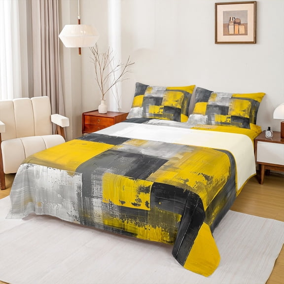 Homewish Minimalist Rectangle 4 Pieces Queen Sheet Sets for Teens Female Men,Abstract Retro Geometric Ultra Soft Flat Sheet,Yellow Grey Queen Fitted Sheet,Ultra Soft Home Decor