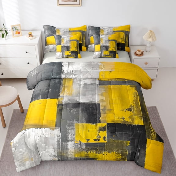 Homewish Minimalist Rectangle Bedding Comforter Set 7-Piece for Teens Female Men,Abstract Retro Geometric King Bedding Sets,Yellow Grey Ultra Soft Bed Sheets,Ultra Soft Home Decor,Reversible