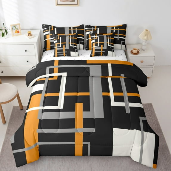Homewish Minimalist Rectangle Lines Boy Girl 7-Piece Bedding Comforter Set,Abstract Geometric King Bedding Sets,Retro Vintage Ultra Soft Bed Sheets,Breathable Home Decor,Reversible