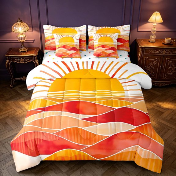 Homewish Minimalist Sun Twin Bedding, Kids Cartoon Graffiti Bedding Comforter Set, White Orange Red, Polka Dots Reversible 7-Piece