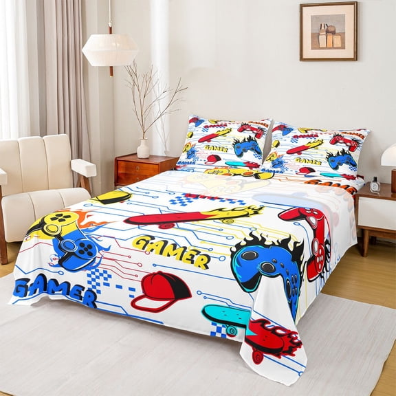 Homewish Modenr Video Gamer Queen Sheet Sets for Boy, Cartoon Game Console Flat Sheet, Stripes Lines Queen Fitted Sheet, Microfiber Bedroom Decor, 4-Piece