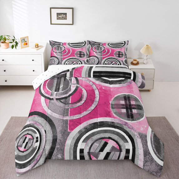 Homewish Modern Abstract Artistic Queen Comforter Set,Geometric Circle Bedding Sets,Pink Gray White Bedding Comforter Set For Girls,Luxury Bedroom Decor Reversible,3pcs