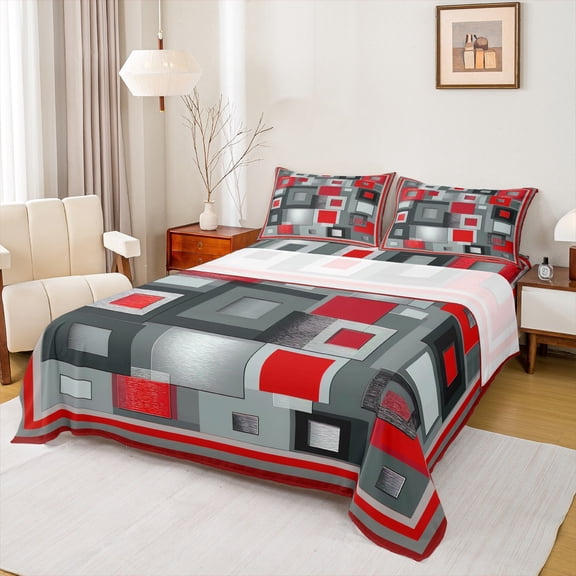Homewish Modern Abstract Grid King Sheet Set,3D Checkered Plaid Gray Red For Kids,4-Piece
