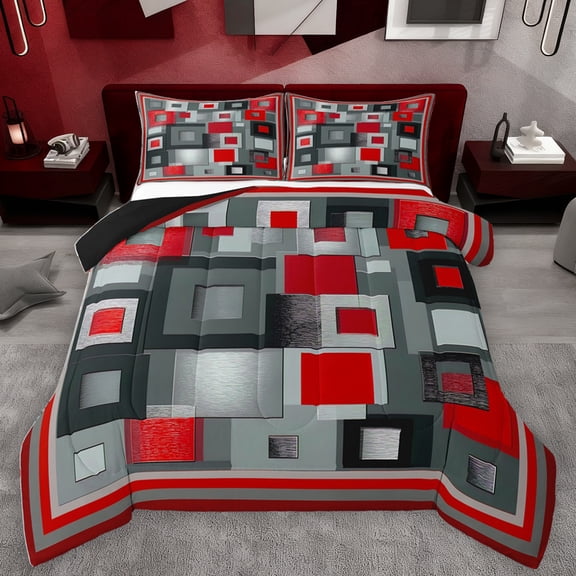 Homewish Modern Abstract Buffalo Bedding Comforter Set,3D Checkered Plaid Twin Comforter Sets,Gray Red Bedding Set For Kids,Ultra Soft Home Decor Reversible,2-Piece