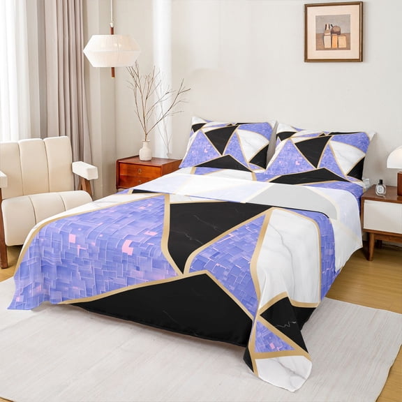 Homewish Modern Abstract Geometric Full Size Sheets,Purple White Black Bed Sheets,Triangle Plaid Print Sheet Sets For Men Women,Breathable Home Decor,4 Pieces