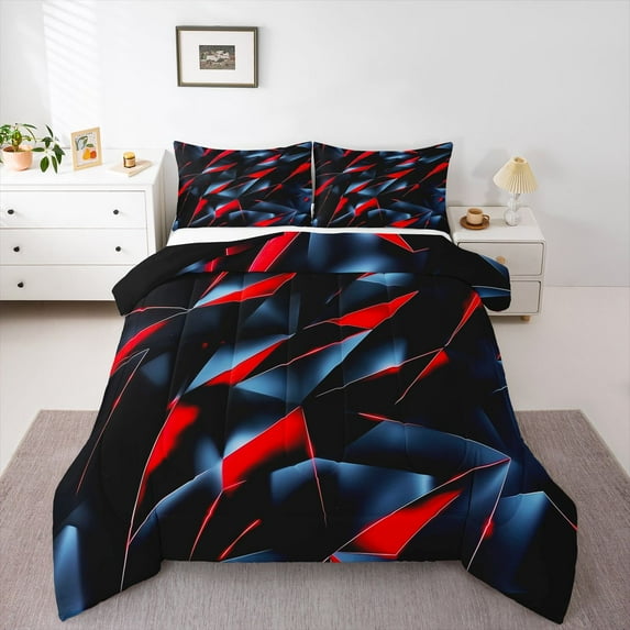 Homewish Modern Abstract Geometric Queen Comforter Set,3D Stereoscopic Square Bedding Sets,Red Black Bedding Comforter Set For Girls Boys,Super Cozy Room Decor Reversible,3-Piece