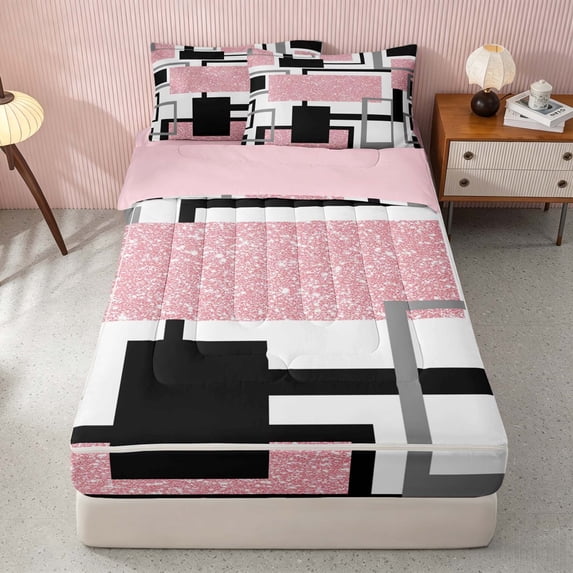 Homewish Modern Abstract Geometric Zipper Full Size Comforter Sets with Fitted Sheet and 2 Pillowcases, Pink White Black Zipper Bedding Set