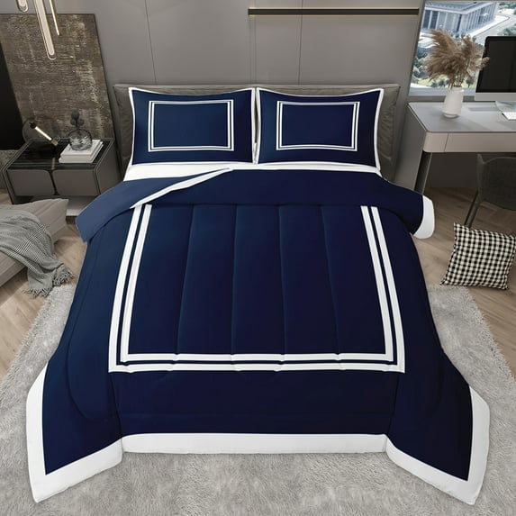 Homewish Modern Abstract Line Bedding Comforter Set, Navy White Square Twin Comforter Sets, Chic Stripe Buffalo Plaid Reversible Bedding Set, Luxury Bedroom Decor, 2 Pieces