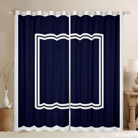 Homewish Modern Abstract Line Black Out Curtains, Navy White Square Curtains Pack of 2 (42x63 Each), Chic Stripe Buffalo Plaid Bedroom Curtains, Living Room Curtains Decor