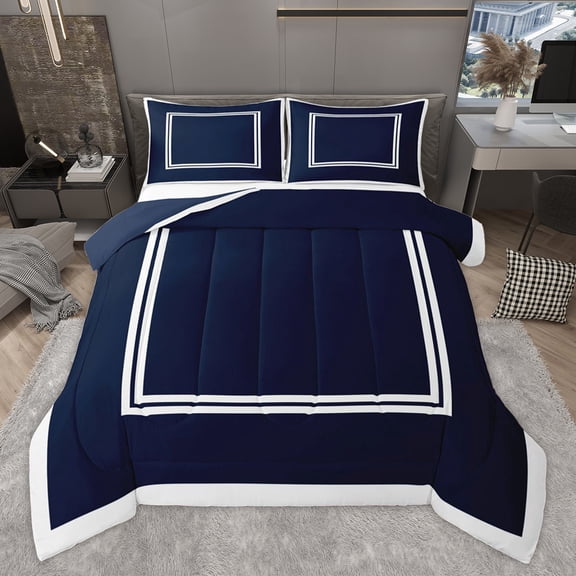 Homewish Modern Abstract Line Queen Comforter Set, Navy White Square Bedding Sets, Chic Stripe Buffalo Plaid Reversible Bedding Comforter Set, Luxury Bedroom Decor, 3 Pieces