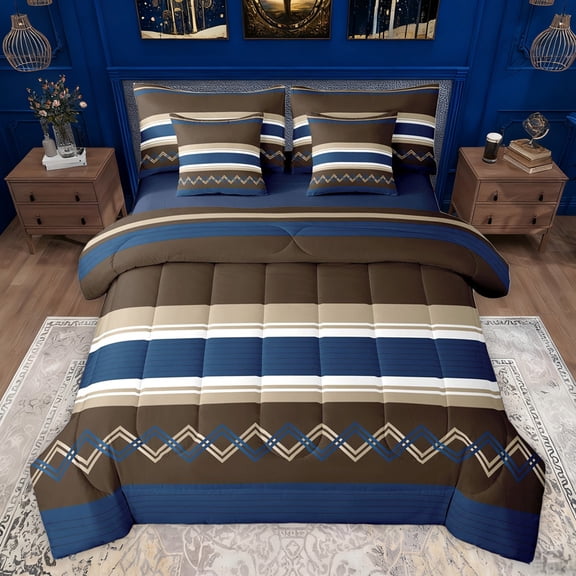 Homewish Modern Abstract Lines Twin Bedding Sets 7-Piece, Chic Stripes Ombre Bedding Comforter Set, Teens Child Adult Women Reversible Sheet Sets, Super Cozy Room Decor