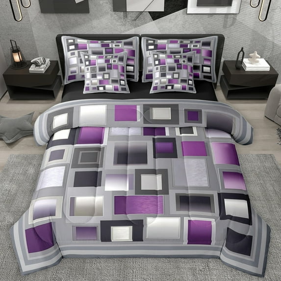 Homewish Modern Abstract Plaid 7-Piece Bedding Comforter Set,3D Checkered King Bedding Sets,Gray Purple Bed Sheets For Kids,Ultra Soft Home Decor Reversible