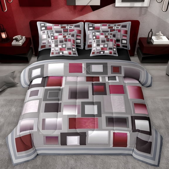 Homewish Modern Abstract Plaid 7-Piece Twin Bedding Sets,3D Checkered Bedding Comforter Set,Gray Red Sheet Sets For Kids,Ultra Soft Home Decor Reversible