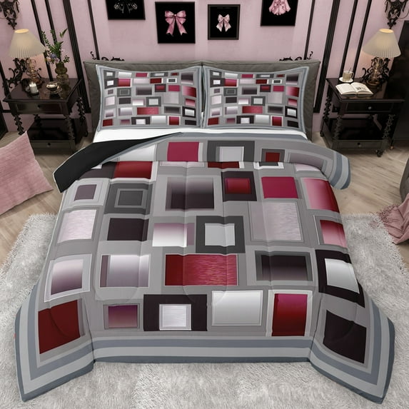 Homewish Modern Abstract Plaid Bedding Comforter Set,3D Checkered Twin Comforter Sets,Gray Red Bedding Set For Kids,Ultra Soft Home Decor Reversible,2pcs