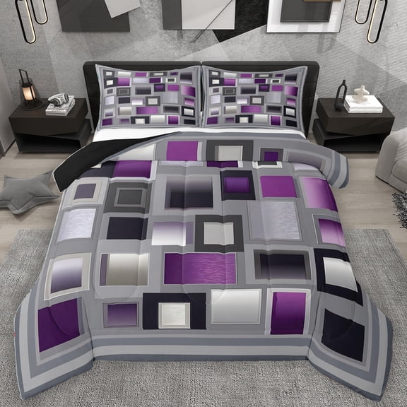 Homewish Modern Abstract Plaid Queen Comforter Set,3D Checkered Bedding Sets,Gray Purple Bedding Comforter Set For Kids,Ultra Soft Home Decor Reversible,3-Piece