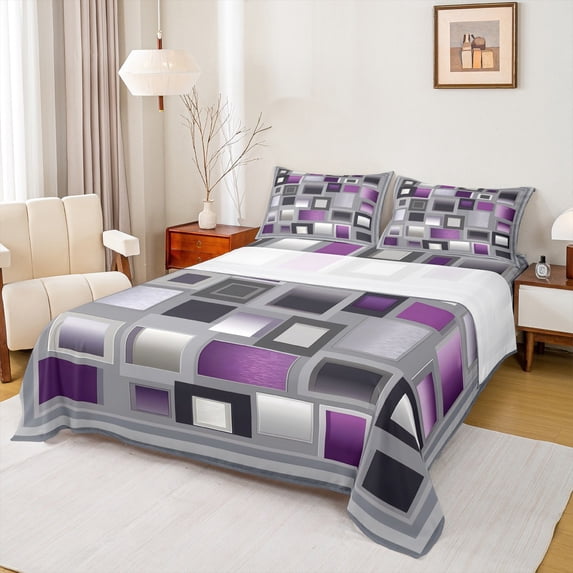 Homewish Modern Abstract Plaid Twin Sheet Sets,3D Checkered Twin Fitted Sheet,Gray Purple Flat Sheet For Kids,Ultra Soft Home Decor,3 Pieces