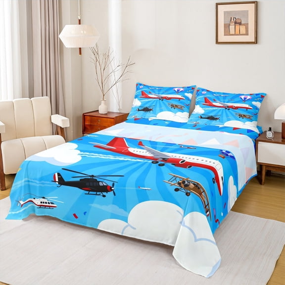 Homewish Modern Airplane Twin Sheet Sets,Cartoon Aircraft Twin Fitted Sheet,Blue White Red Flat Sheet For Boys Kids,Microfiber Bedroom Decor,3pcs