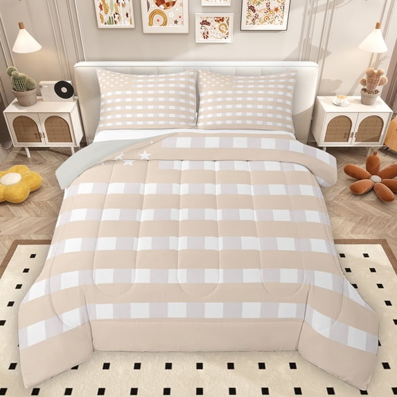 Homewish Modern American Flag Queen Comforter Set, Cartoon Stars Buffalo Plaid Grid Bedding Sets, 3pcs