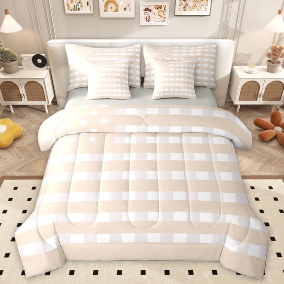 Homewish Modern American Flag Twin Bedding Sets 7-Piece for Kids, Cartoon Stars Print Bedding Comforter Set, Chic Bisque Abstract Reversible Sheet Sets, Super Cozy Room Decor