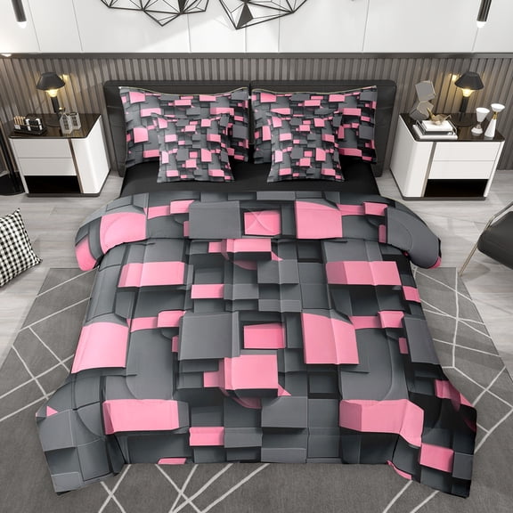Homewish Modern Art Square Twin Bedding Sets 7-Piece, Stereoscopic Rectangle Bedding Comforter Set, Black Pink Abstract Reversible Sheet Sets, Lightweight Room Decor