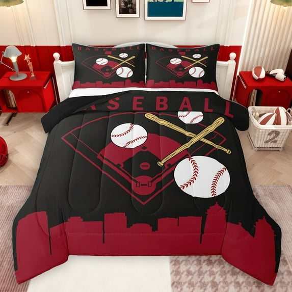 Homewish Modern Ball Sports Full Size Comforter Sets for Boys, Black Red Baseball Bedding Comforter Set, Chic Abstract Ombre Reversible Bedding Sets, Breathable Home Decor, 3pcs