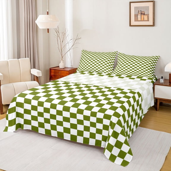Homewish Modern Buffalo Kid Queen Sheet Sets, Green Square Abstract Boy Flat Sheet, 4pcs