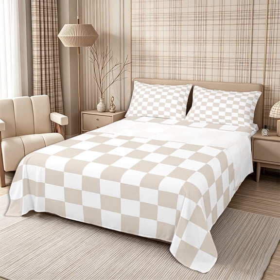 Homewish Modern Checkered Bed Sheets 4-Piece, Simple Plaid Full Size Sheets, Beige White,1 Fitted Sheet, 1 Flat Sheet and 2 Pillowcases