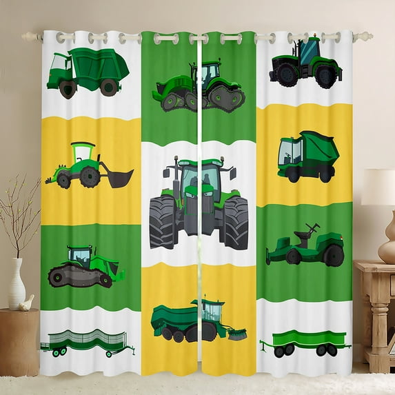 Homewish Modern Farmhouse Truck Black Out Curtains,Green Bulldozer Curtains Pack of 2 (42x63 Each),Patchwork Geometric Checkered Bedroom Curtains For Boys Kids,Luxury Bedroom Decor