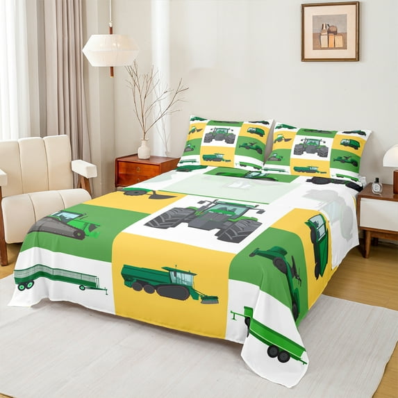 Homewish Modern Farmhouse Truck Full Sheet Set,Green Bulldozer Patchwork Checkered,Luxury Decor For Kids,4-Piece