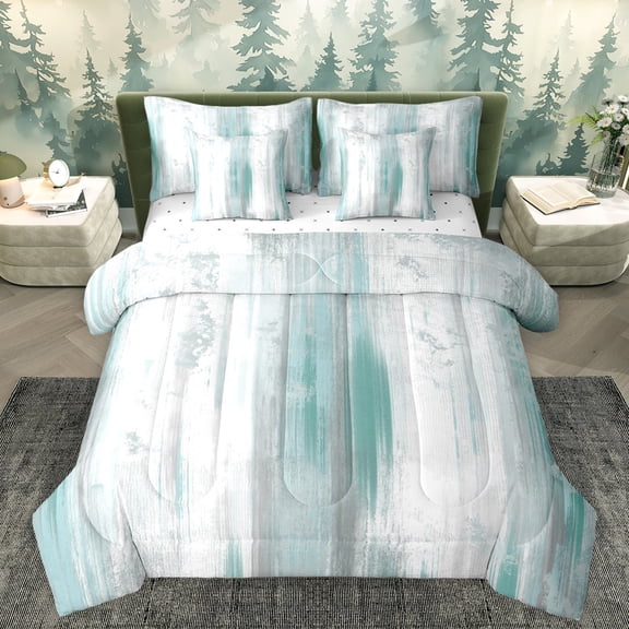 Homewish Modern Fashion Artwork Bedding Comforter Set, Chic Cyan Abstract Ombre King Bedding Sets, Teens Adult Women Men Reversible Bed Sheets, Microfiber Bedroom Decor