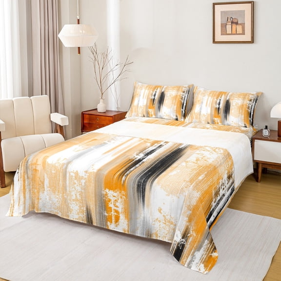 Homewish Modern Fashion Artwork Queen Sheet Sets, Chic Orange Abstract Ombre Flat Sheet, Teens Adult Women Men Queen Fitted Sheet, Super Cozy Room Decor, 4pcs