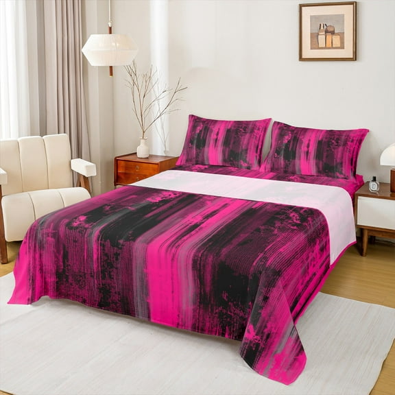 Homewish Modern Fashion Artwork Twin Sheet Sets, Deep Pink Abstract Ombre Twin Fitted Sheet, Teens Adult Women Men Flat Sheet, Microfiber Bedroom Decor, 3pcs