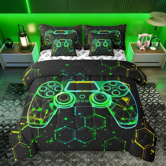 Homewish Modern Fashion Gamepad Bedding Comforter Set 7pcs for Kids, Glitter Stars Print King Bedding Sets, Neon Gradient Honeycomb Reversible Bed Sheets, Microfiber Bedroom Decor