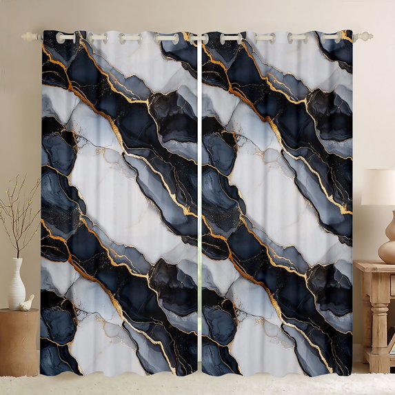Homewish Modern Fashion Marble Curtains Pack of 2 (42x84 Each), Grey Navy Marbling Abstract Curtains Blackout, Teens Adult Men Female Bedroom Curtains, Living Room Curtains Decor