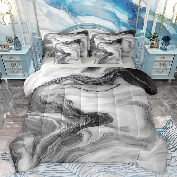 Homewish Modern Fluid Art 7-Piece Bedding Comforter Set,Abstract Splatter Ink King Bedding Sets,Gray White Bed Sheets For Men Women,Ultra Soft Home Decor Reversible