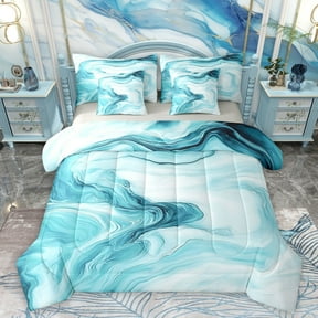 Homewish Modern Fluid Art 7 Pieces Bedding Comforter Set,Abstract Splatter Ink Full Bedding Set,White Cyan Fitted Sheet Flat Sheet For Men Women,Ultra Soft Home Decor Reversible
