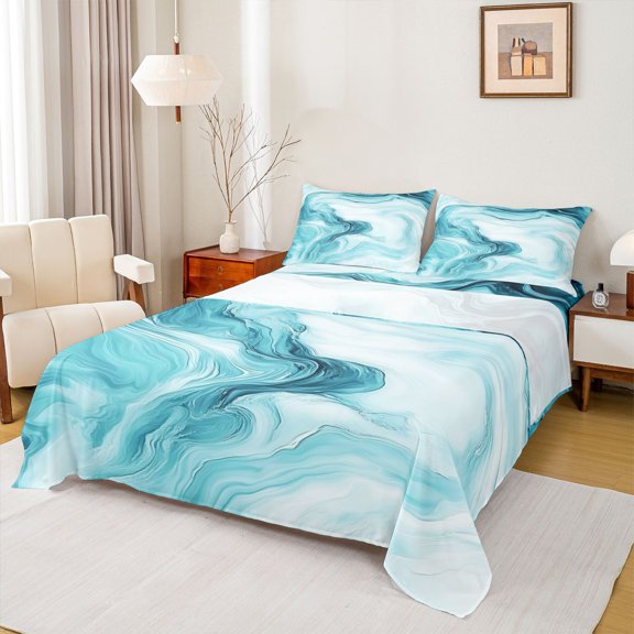 Homewish Modern Fluid Art Bed Sheets,Abstract Splatter Ink King Sheets,White Cyan Sheet Set For Men Women,Ultra Soft Home Decor,4-Piece