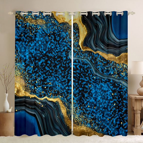 Homewish Modern Fluid Art Black Out Curtains,Marble Print Curtains Pack of 2 (42x63 Each),Gold Blue Bedroom Curtains For Teens,Microfiber Bedroom Decor