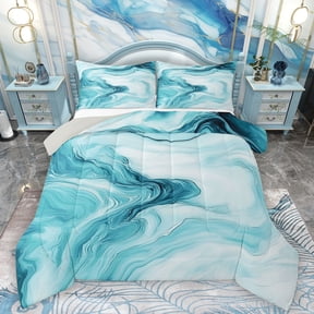 Homewish Modern Fluid Art Full Size Comforter Sets,Abstract Splatter Ink Bedding Comforter Set,White Cyan Bedding Sets For Men Women,Ultra Soft Home Decor Reversible,3 Pieces