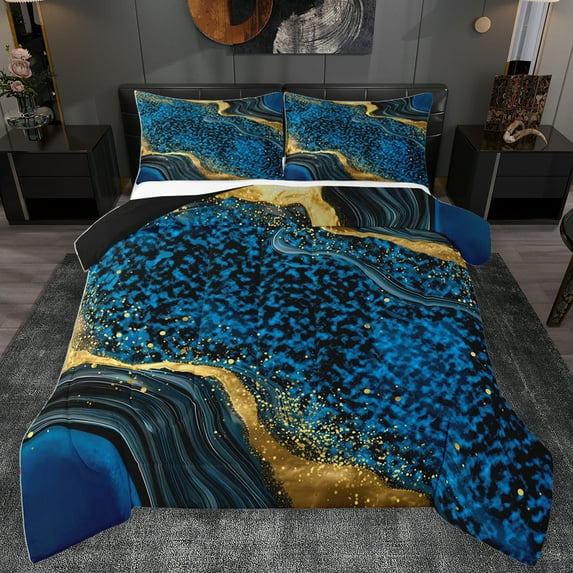 Homewish Modern Fluid Art Full Size Comforter Sets,Marble Print Bedding Comforter Set,Gold Blue Bedding Sets For Teens,Microfiber Bedroom Decor Reversible,3-Piece