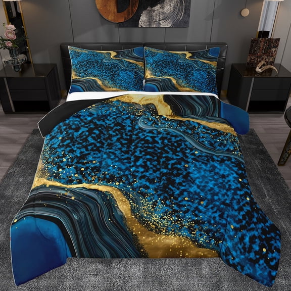 Homewish Modern Fluid Art Queen Comforter Set,Marble Print Bedding Sets,Gold Blue Bedding Comforter Set For Teens,Microfiber Bedroom Decor Reversible,3 Pieces