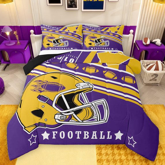 Homewish Modern Football Player Bedding Comforter Set for Child, Cartoon Ball Sports Twin Comforter Sets, Purple Yellow Abstract Reversible Bedding Set, Microfiber Bedroom Decor, 2-Piece