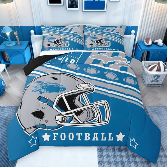 Homewish Modern Football Player Full Size Comforter Sets for Child, Cartoon Ball Sports Bedding Comforter Set, Blue Grey Abstract Reversible Bedding Sets, Ultra Soft Bedroom Decor, 3pcs